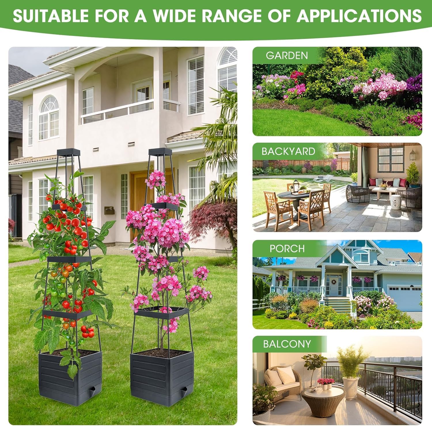 MYMULIKE Lot de 4 parterres de jardin surélevés, jardinières avec treillis de 147 cm, pots de tomates pour grimper, vigne, légumes, fleurs, plantes, cage à tomates auto-arrosage pour serre de terrasse