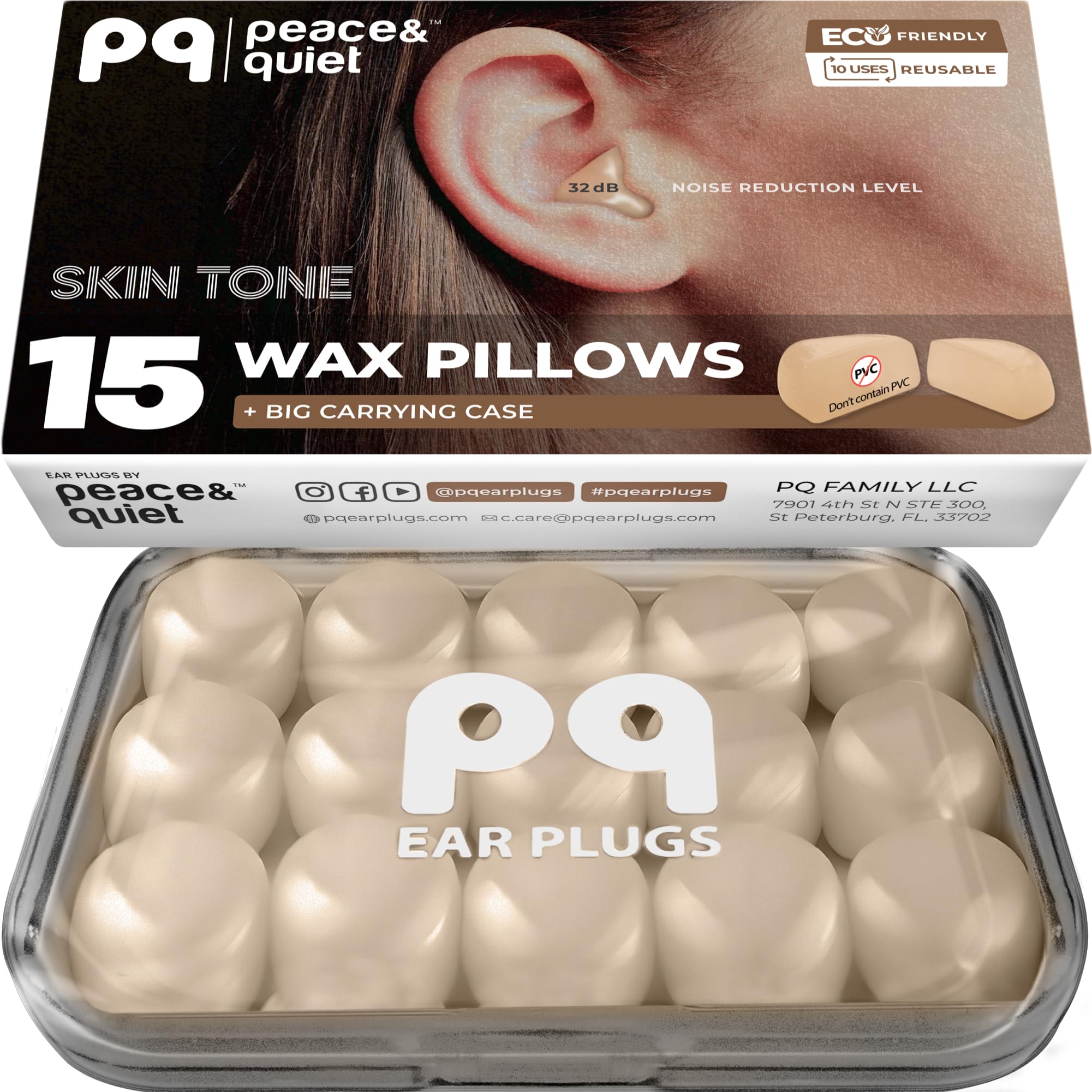 Peace&Quiet PQ Silicone Ear Plugs for Sleeping - 15 Wax Earplugs for Sleep and Swimming Ear Plugs, Soft Ear Covers for Sleeping and Water, Noise Cancelling 32Db, (15 Pillows), Skin Tone