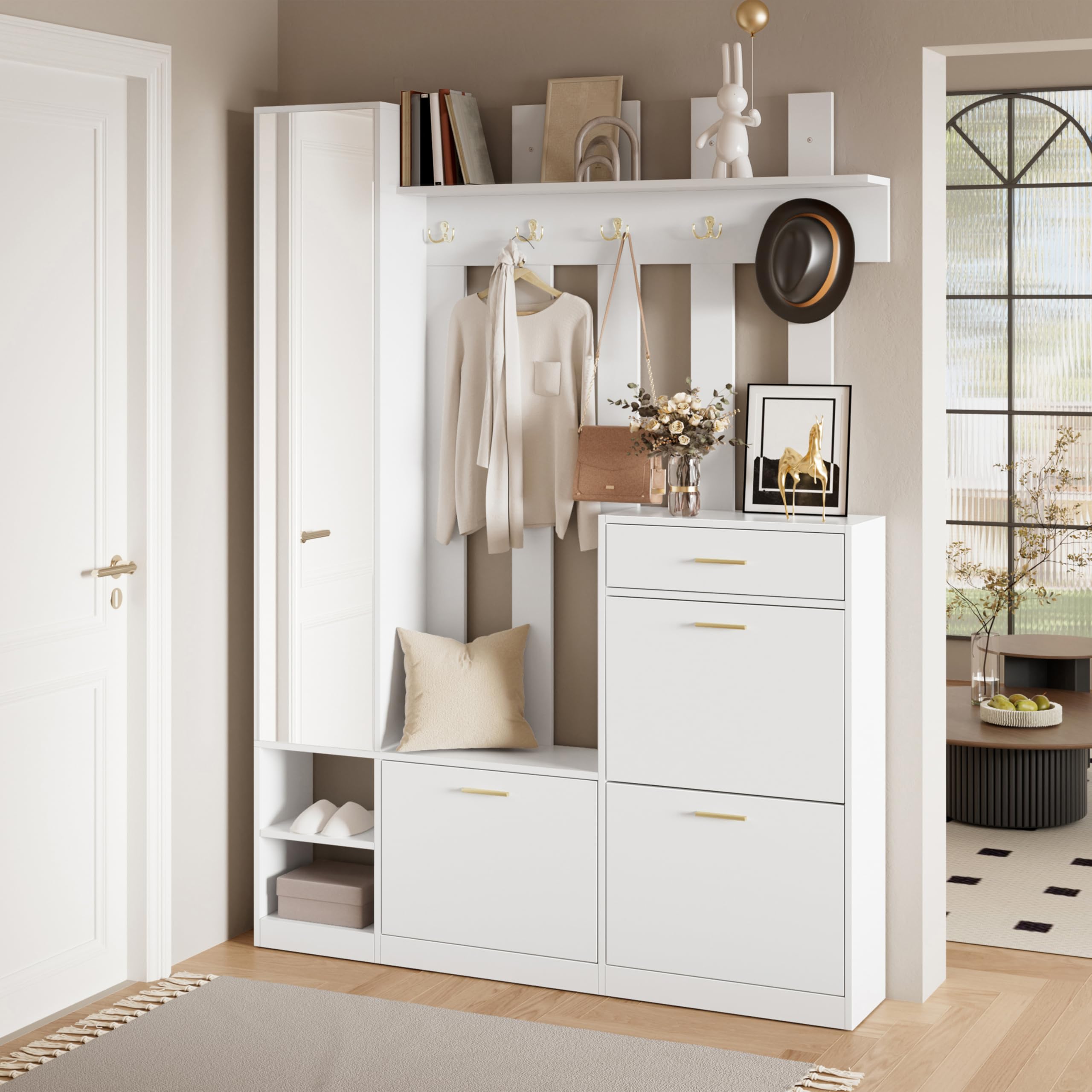 133 x 23,5 x 180 cm, set di guardaroba per corridoio, con specchio, 3 scarpiere, 1 cassetto e molti ganci, per corridoio, ingresso (bianco)