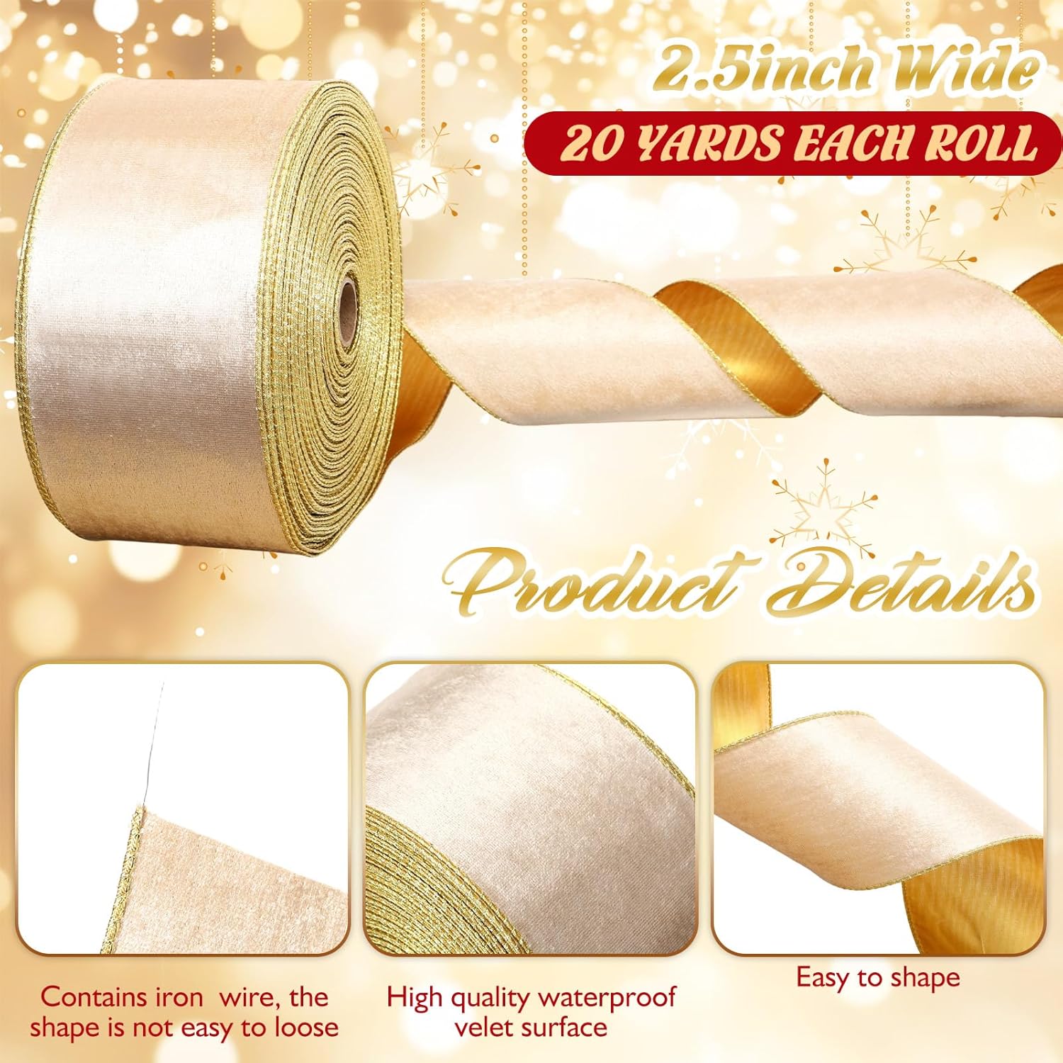 Syhood 4 Inch, 60 Yard Christmas Gold Velvet Ribbon with Gold Edge, Waterproof Velvet Wired Ribbon Decoration for Xmas Tree Decor Wreath Bows Floral DIY Craft Ornaments Gift Wrapping