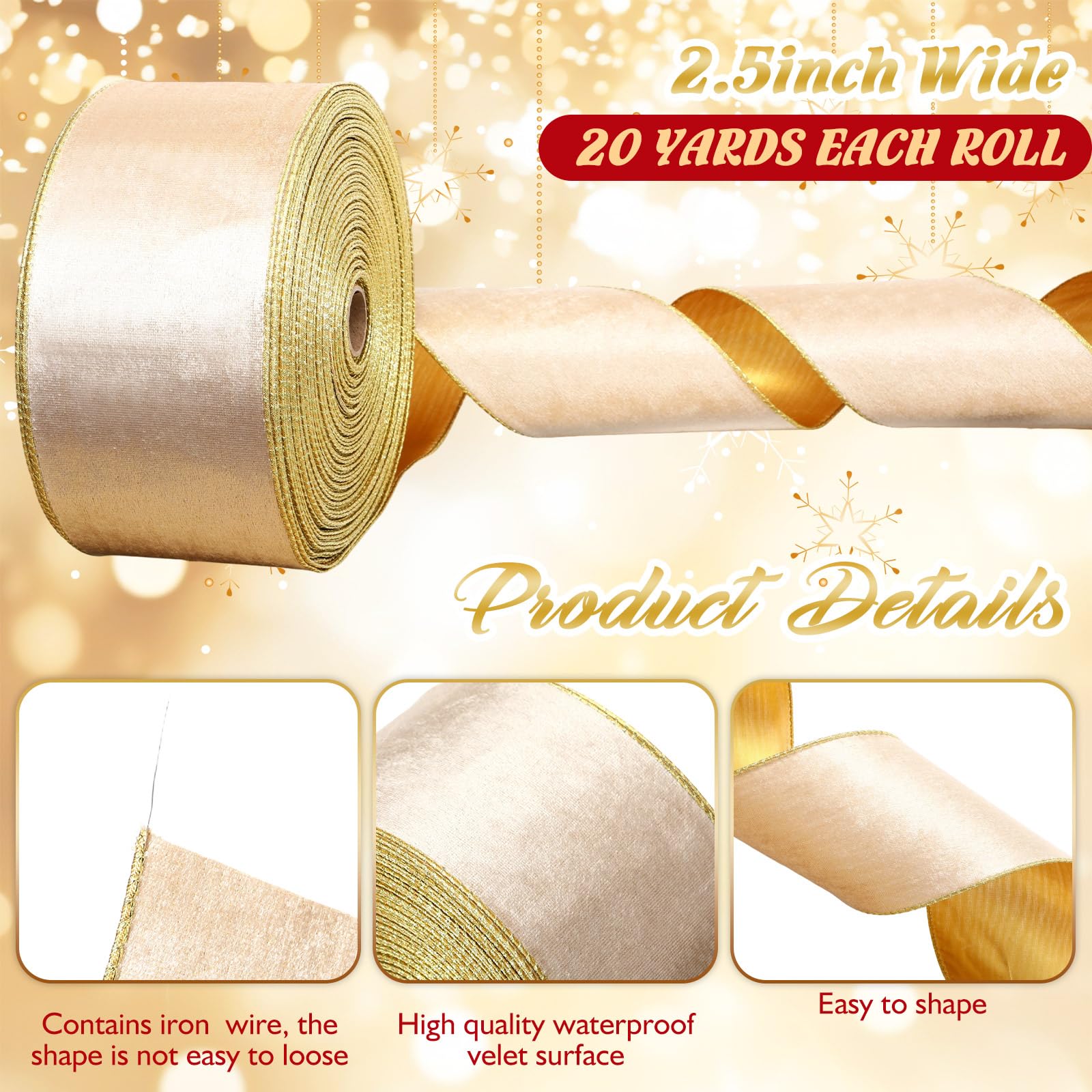 Syhood Weihnachts-Samtband mit Draht, mit Goldrand, wasserdicht, für Weihnachtskranz, Schleifen, Blumenhandwerk, Ornamente (10,2 cm x 60 m, Gold)