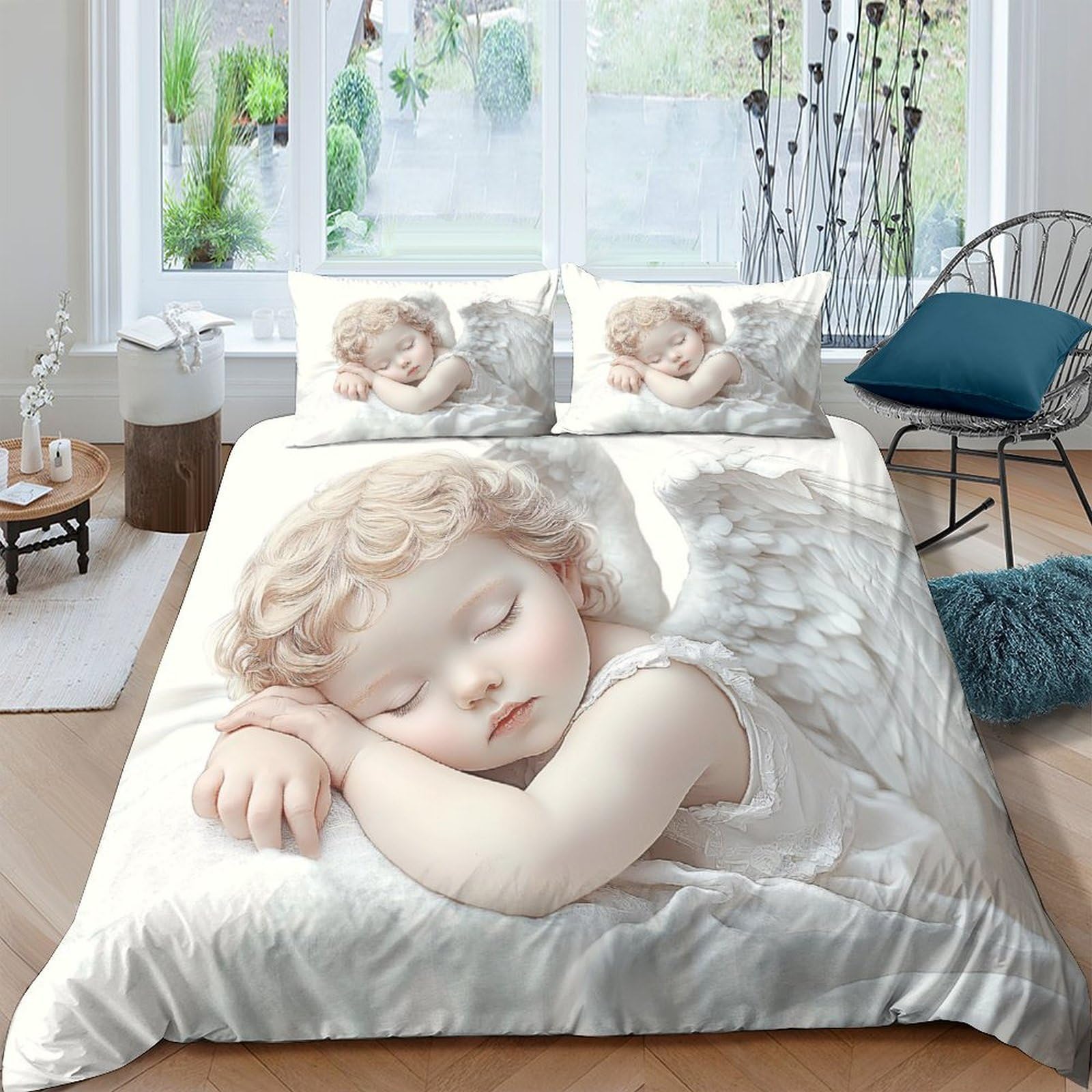 GPLZQXKJNH 3D Printed Sleeping Angel Duvet Cover Microfiber Soft Breathable White Wings Bedding Set with 2 Pillowcases for Bedroom Decor Single（135x200cm）