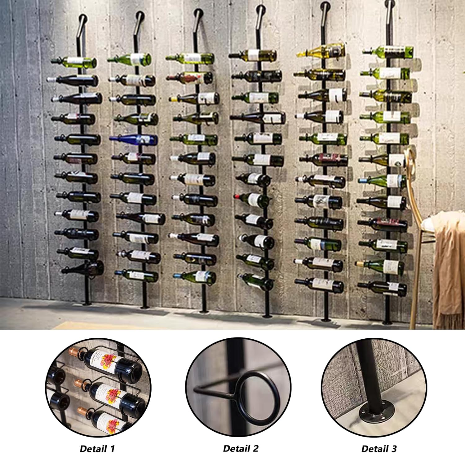 Wall Mounted Wine Rack - 72.8" Tall Metal Holder for 12 Bottles, Perfect for Kitchen nization, Restaurant, Bar, and Wine Cellar Storage (Black, Single Row)