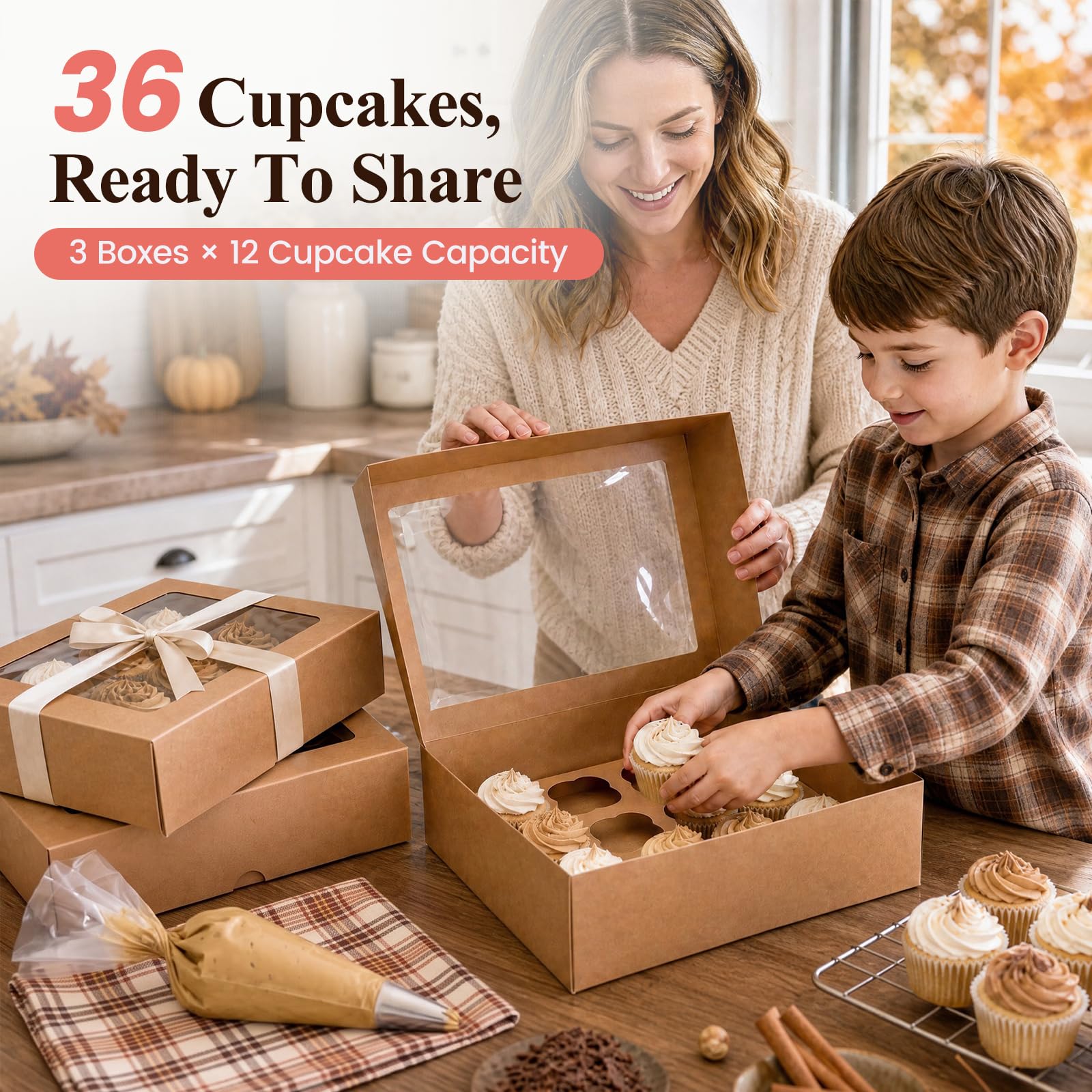 VGOODALL Auto Pop-Up Kraft Cupcake Boxes with Window, 3 Pack 12 Count