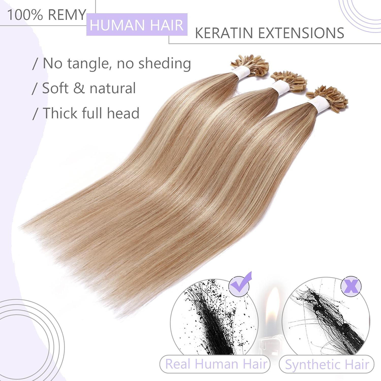 SEGO U Tip Hair Extensions Real Human Hair Pre Bonded Keratin Fusion Nail Tip Balayage Natural Silky Straight Extensions 50 Strands 50g/Pack -18 Inch Ash Blonde&Bleach Blonde