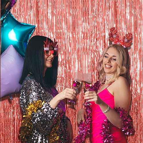 Miniatura 4 de Paquete de 2 cortinas de flecos de oro rosa para decoración de cumpleaños, despedida de soltera, serpentinas metálicas, telón de fondo de aluminio,