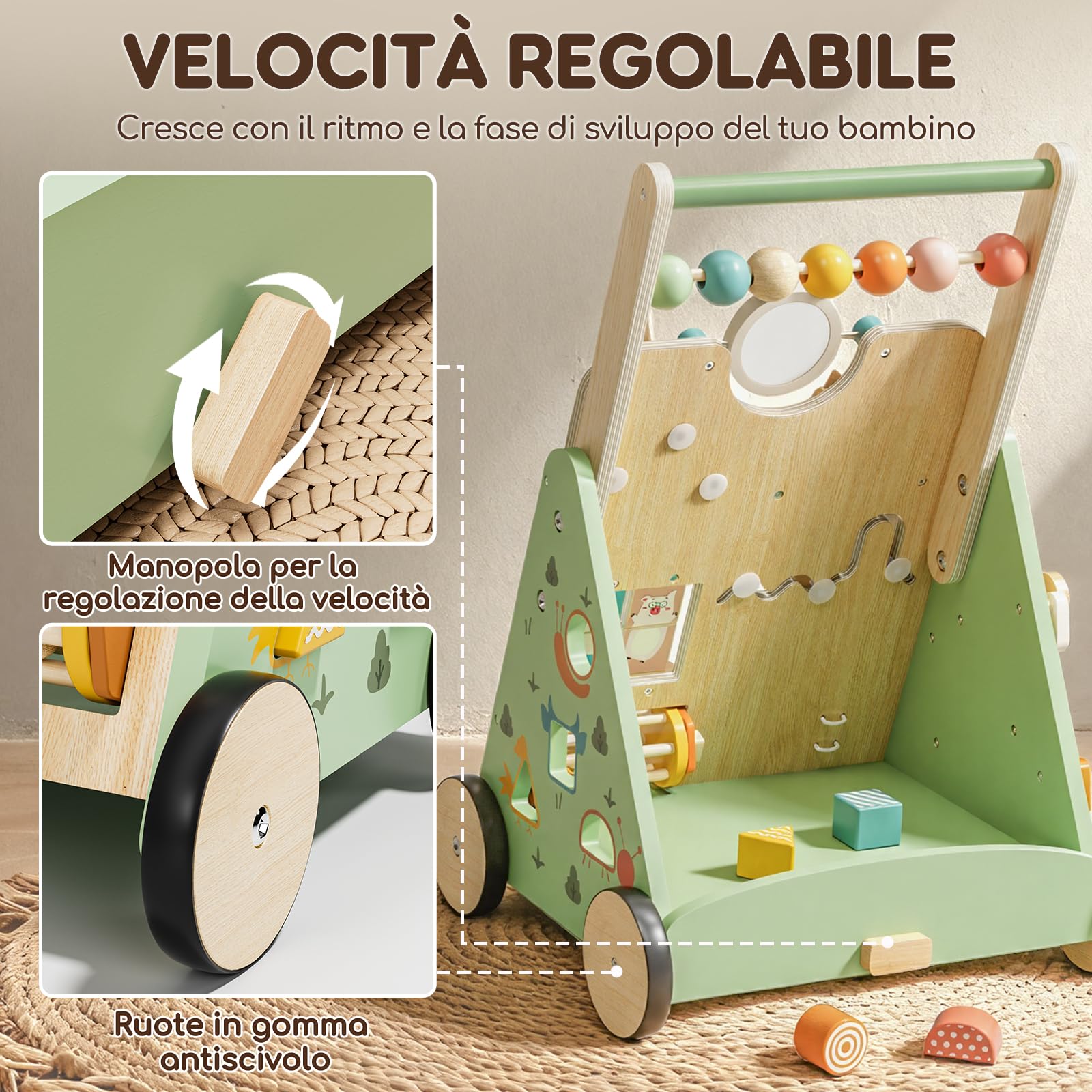 Lehoo Castle Carrello Primi Passi Legno, Girello per Bambini in Legno con Centro Attività, Giochi Montessori 1 Anno, Regalo Bambino Bambina 1 Anno