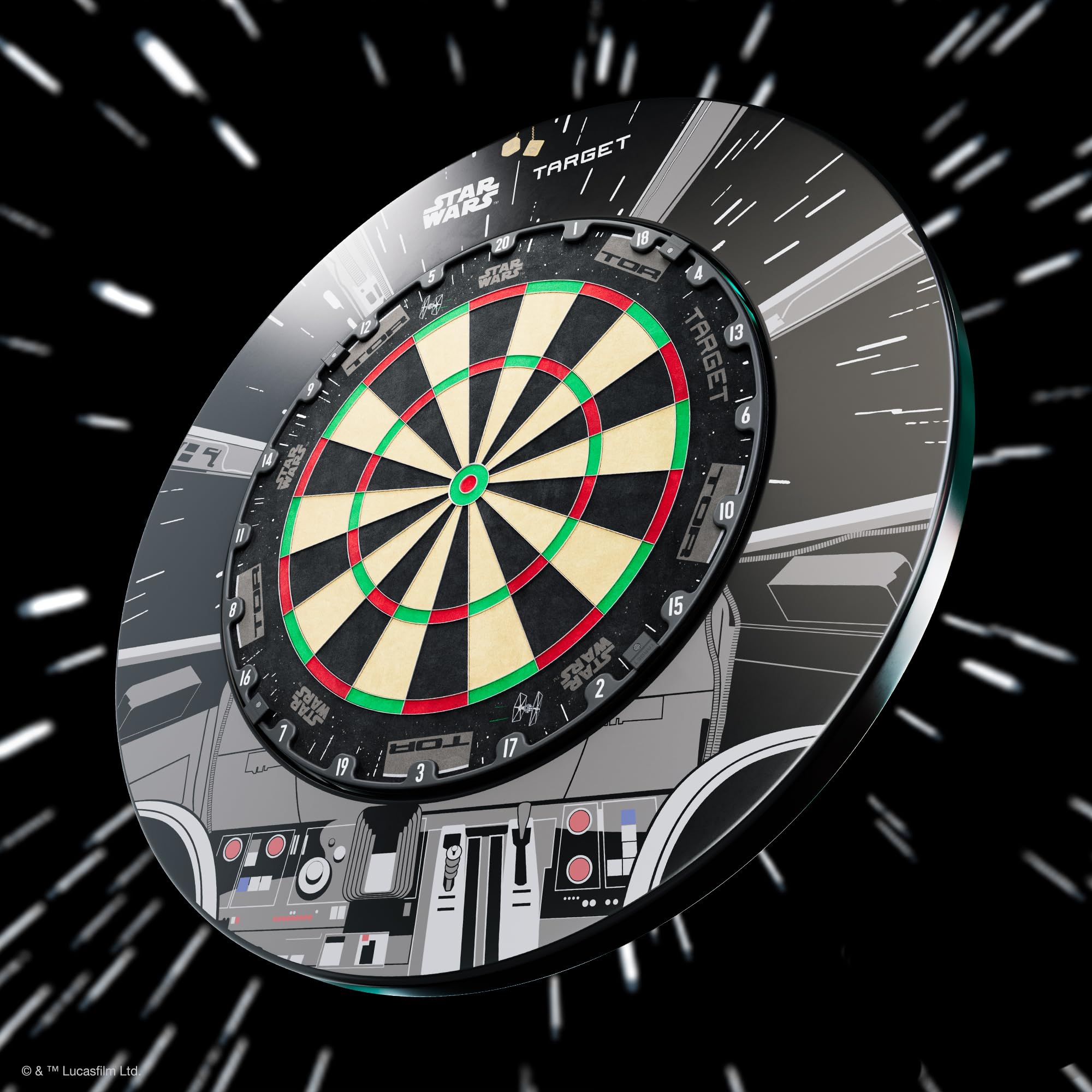 Target Darts Star Wars TOR Dartboard & Surround Bundle | Tarcza do rzutek ze stalowymi końcówkami, standard zawodowy, kompletny zestaw do rzutek do użytku domowego, wzór Disney Galaxy