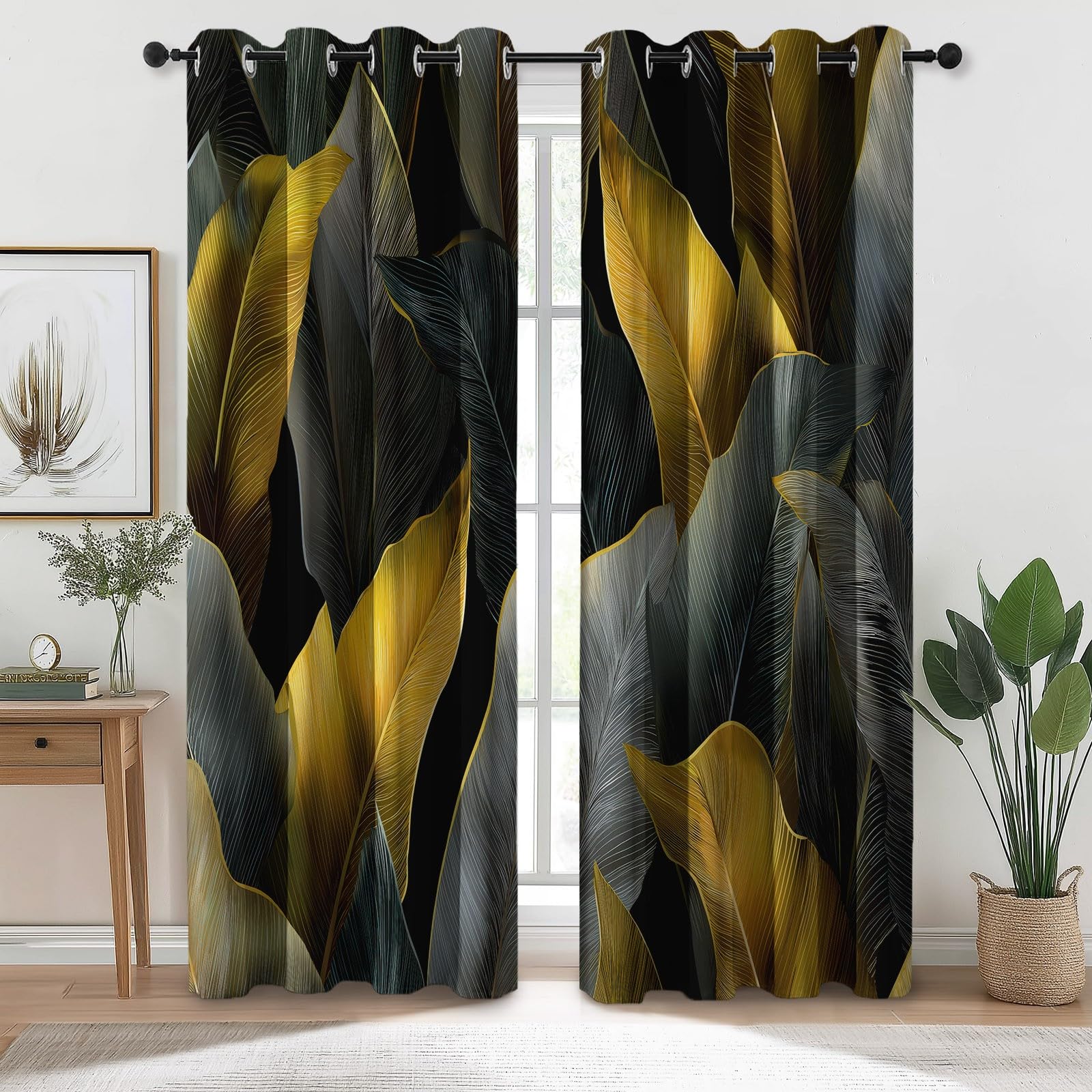 140 x 260 h cm (2 pannelli) Tenda oscurante, con foglie e foglie termiche, isolanti anti anti UV, giallo grigio opaco tendaggi, decorazione per casa, soggiorno, camera da letto, finestra con occhielli