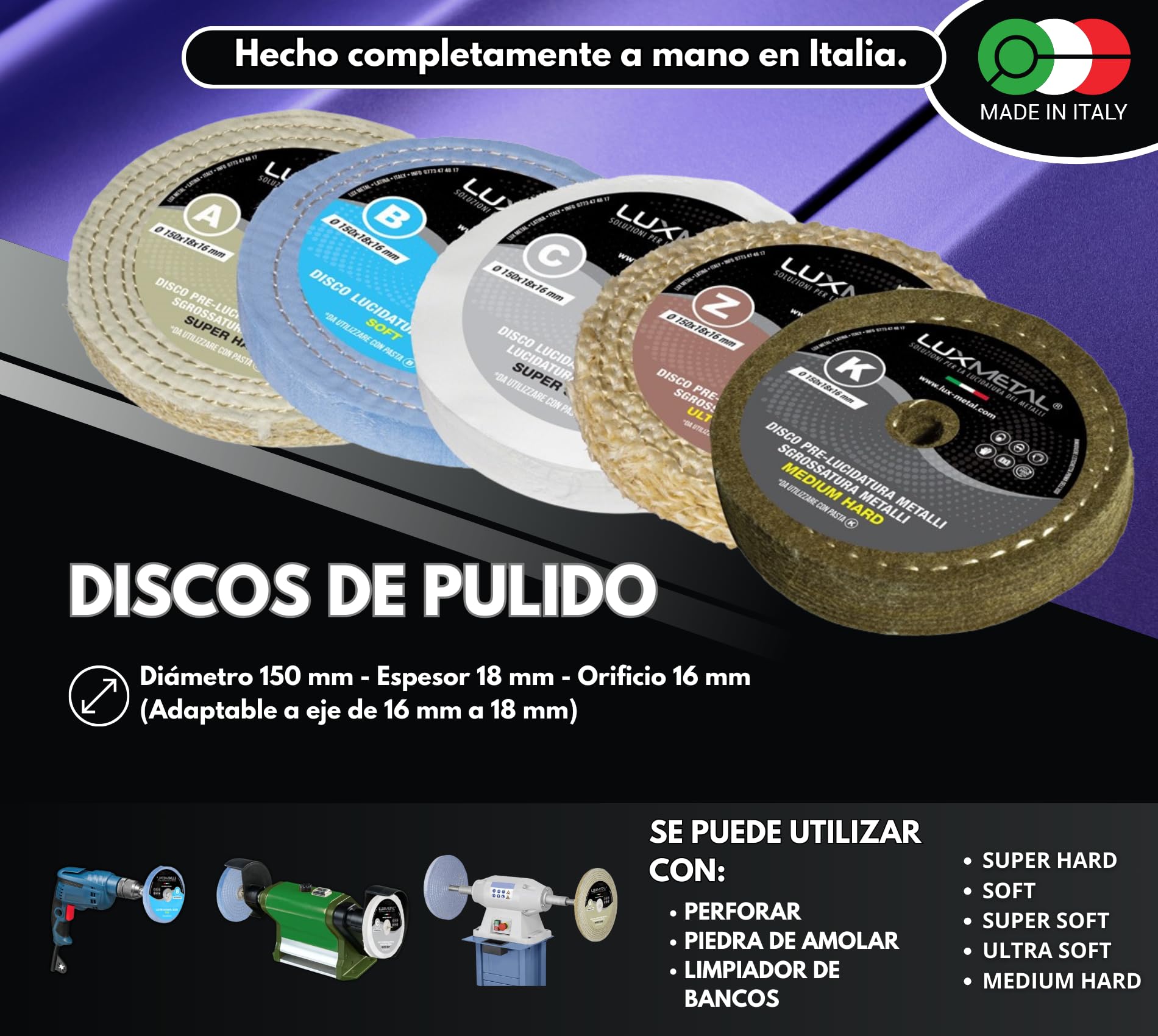 Lux Metal - Kit 5 Discos Pulidores 150 mm 5 Pastas Abrasivas Pulidoras 250 gr Para Aluminio Hierro Acero Inoxidable Bronce Mármol Rueda de Pulido para Metales Taladro Muela Amoladora Fieltro Algodón