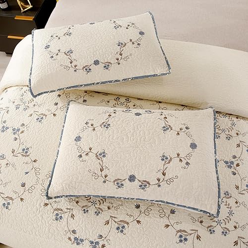 Miniatura 4 de Juego de edredón de 2 piezas con patrón bordado 3D floral azul, 100% algodón, reversible, acolchado, bordado, decorativo, ligero, suave, tamaño