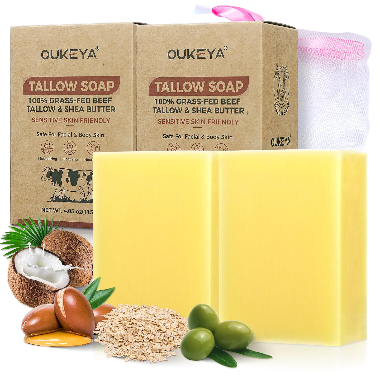 OUKEYA Natural Beef Tallow Soap Bar, Moisturizing, Gentle for Face & Body, Organic Tallow Soap for Dry Skin Sensitive Skin
