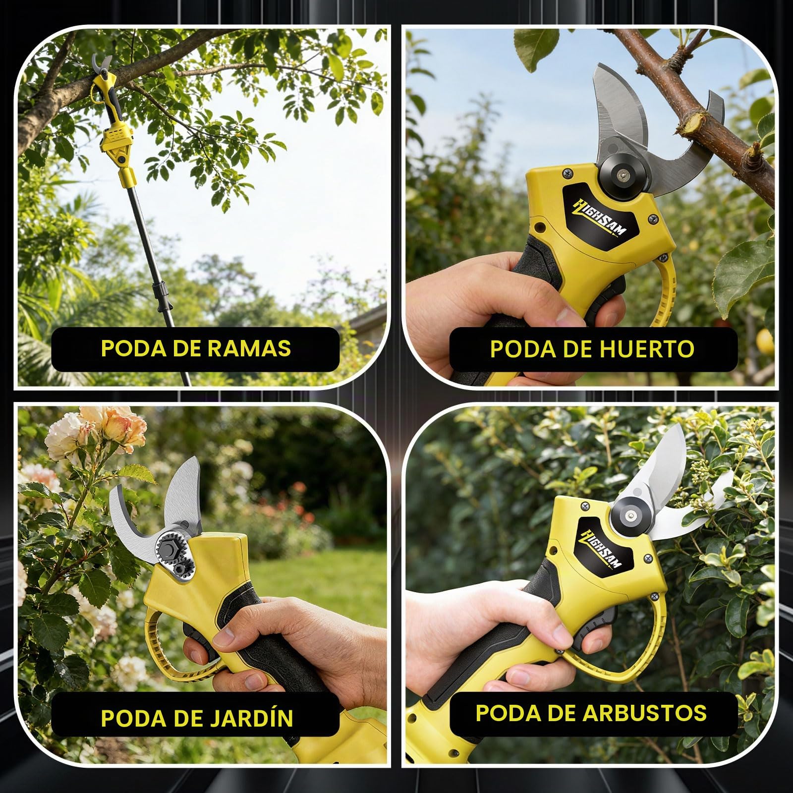2 en 1 Tijeras de podar a batería telescópicas, compatibles Makita 18V, alcance 4m, motor sin escobillas 1500W, 2×2.0Ah, corte 42mm, rotación 180°, para jardinería y poda de árboles (yel)