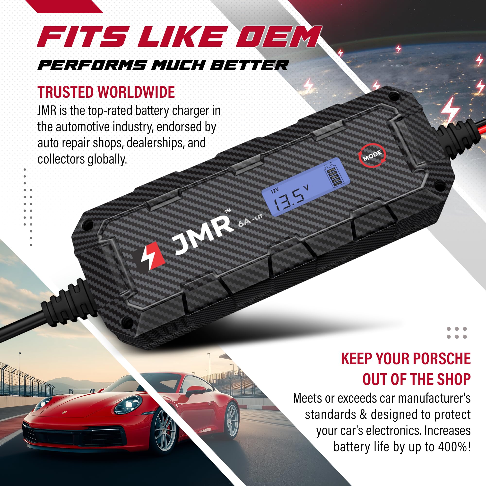 JMR Cargador de Bateria para Porsche 911 Panamera Cayenne Macan Cayman 718 Boxter Todos los Modelos Mantenedor de Carga Acondicionador (Añadir Modo Litio)
