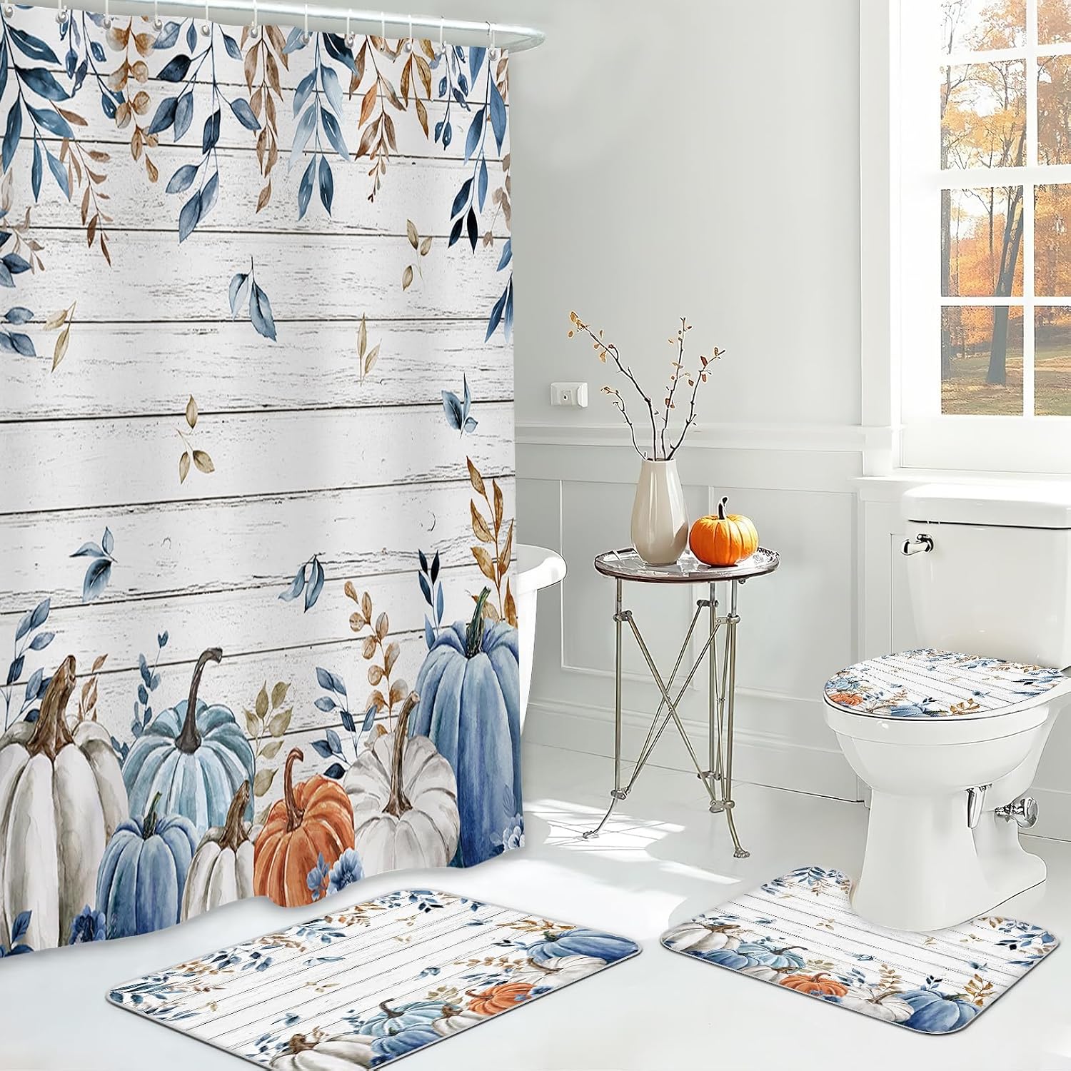 MEHOFOND 4pcs Fall Shower Curtain Set, Harvest Pumpkin Vintage Decor