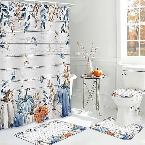 Miniatura 27 de MEHOFOND Juego de 4 piezas de ducha de calabaza para baño, otoño, día de Acción de Gracias, cortina de ducha, alfombra, cubierta de tapa de inodoro