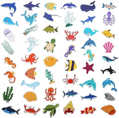 Miniatura 3 de Paquete de 100 calcomanías de animales de vida oceánica, recuerdos de fiesta bajo el mar, calcomanías impermeables para botella de agua, laptop,