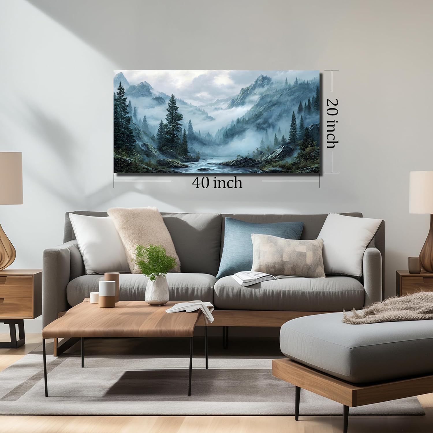 Foggy Forest Wall Art for Living Room Tree Canvas Wall Art for Office Mountain Pictures Wall Decor for Bedroom Size 20 x 40 Inch