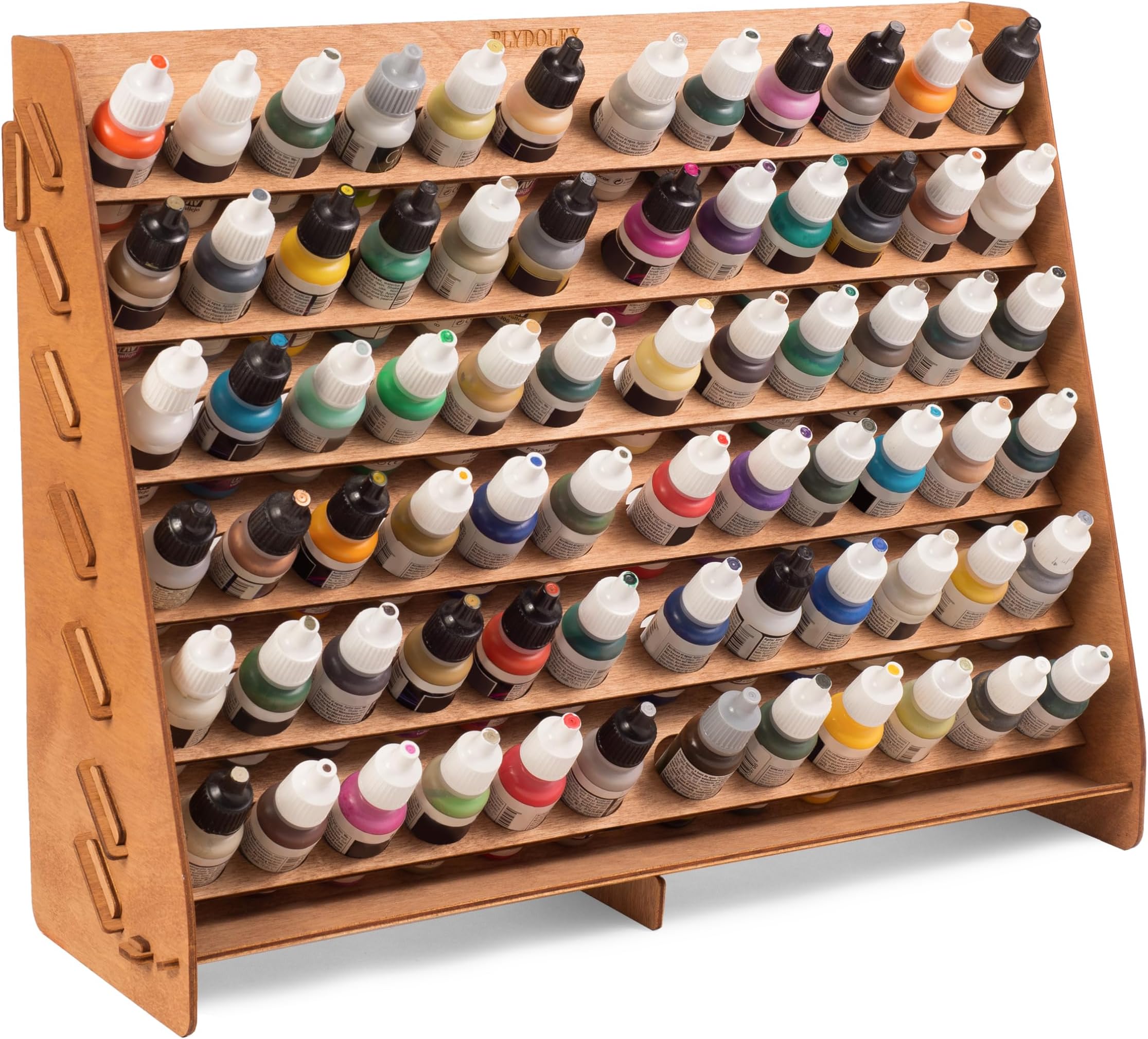 Plydolex Wall Paint Holder - Works for Warhammer 40K, DnD, Other Figurines - 72 Holes for Vallejo Paint Bottles - Plywood Rack for Wall and Desk