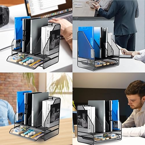 Miniatura 7 de Organizador de escritorio de malla, soporte para archivadores, con 4 compartimentos verticales y 1 compartimento inferior, organizadores de