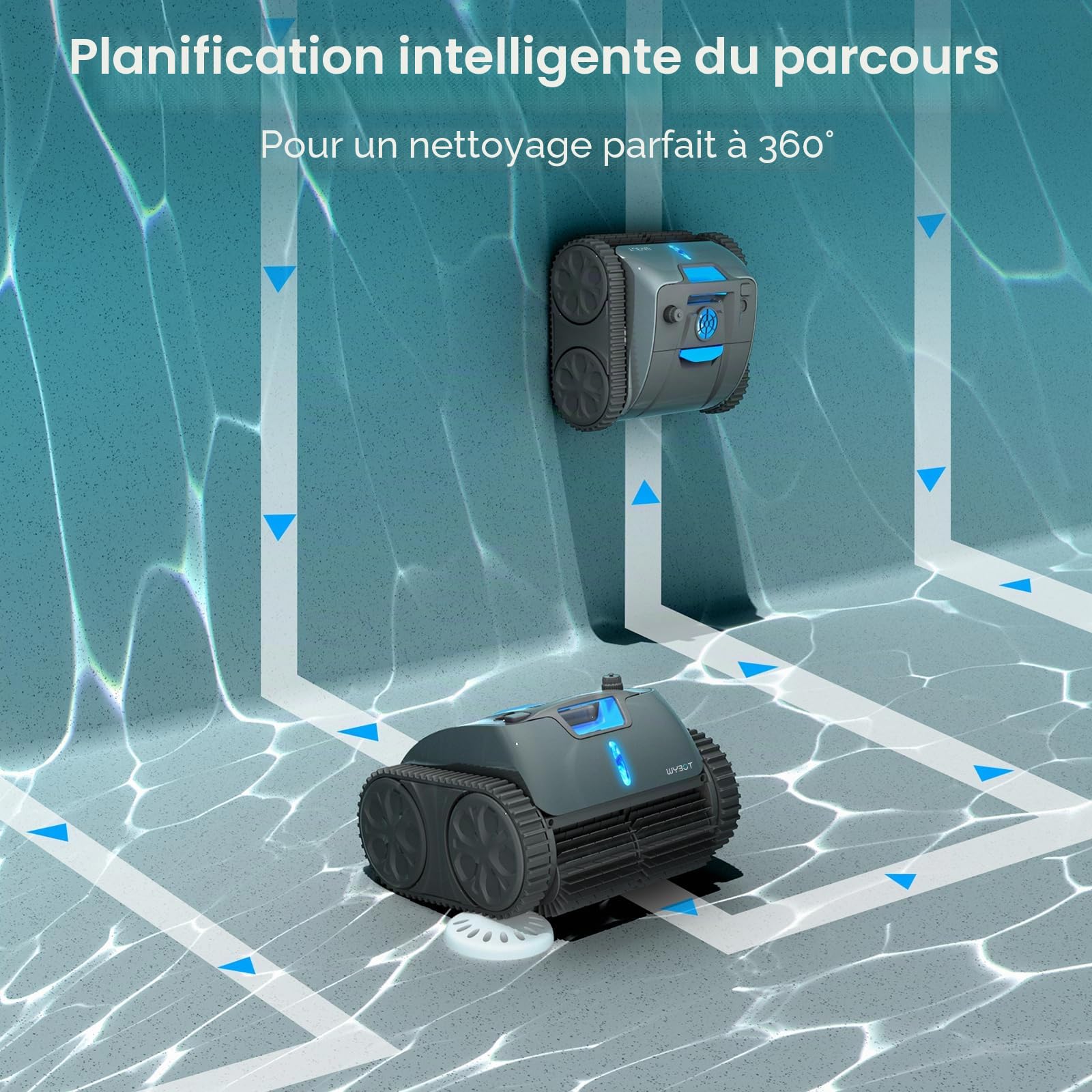 WYBOT OS7010 Max Robot Piscine Fond et Parois avec App, 210 Minutes Aspirateur Piscine, Robot Piscine sans Fil à Moteur 65 W, Cycle de Nettoyage, Grimpe Mur & Ligne d'eau,Jusqu'à 200㎡ (Gris foncé)