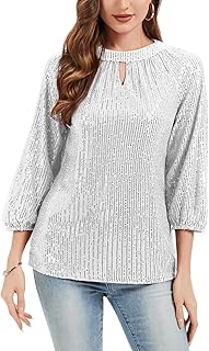 Women's Elegant Sparkly Sequin Tops 3/4 Sleeve Glitter Dressy Keyhole Bl...