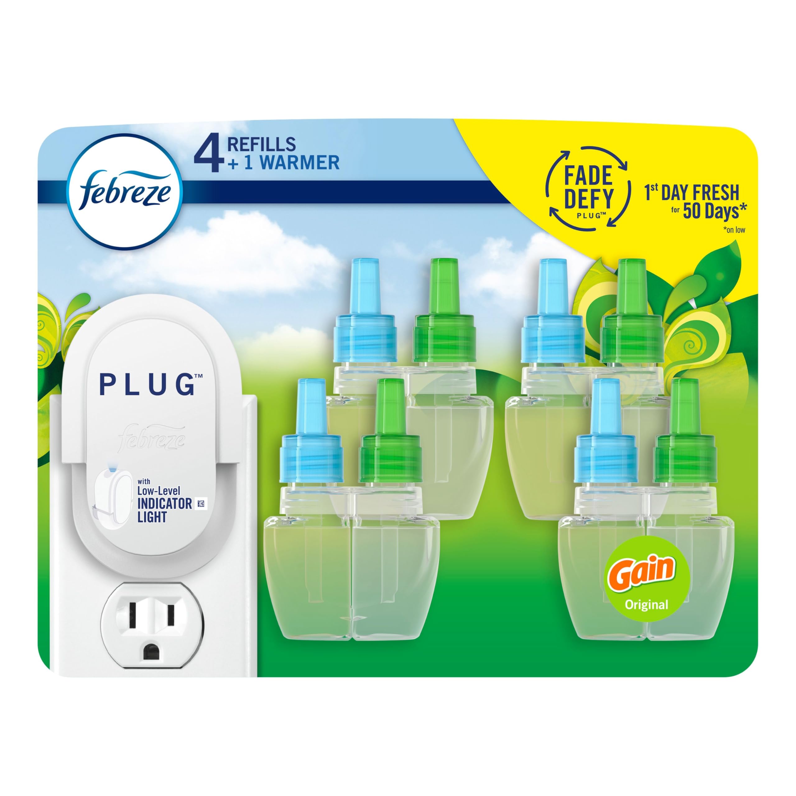 Febreze Plug In Air Freshener, Odor-Fighting Scented Oil Starter Kit for Home, Bathroom and Kitchen, Long Lasting for Strong Odors, Gain Original Scent, Warmer + 4 Refill