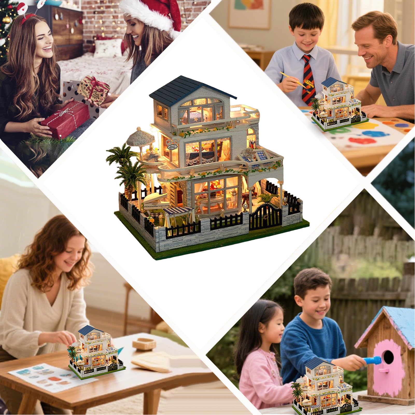 Miniature House Kit - 3D Wooden Small Villa Model with LED Light, Handmade Craft Maker Set for Boys, Youth, Women, Teens, Son, Daughter, Friends, and Family Creative Building Fun
