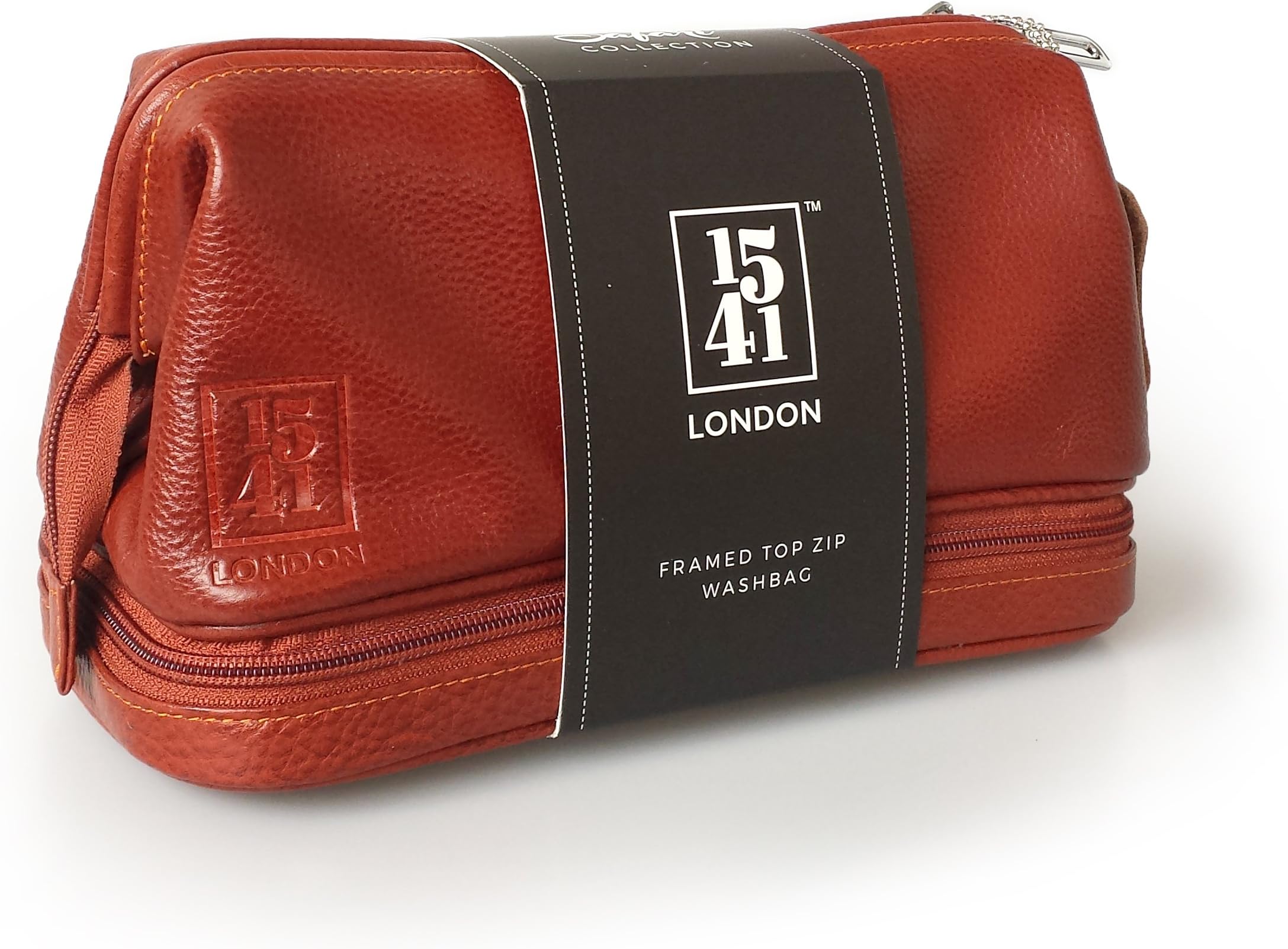 1541 LondonHand-Crafted Frame Top Zip Leather Travel Washbag (Tan Brown)