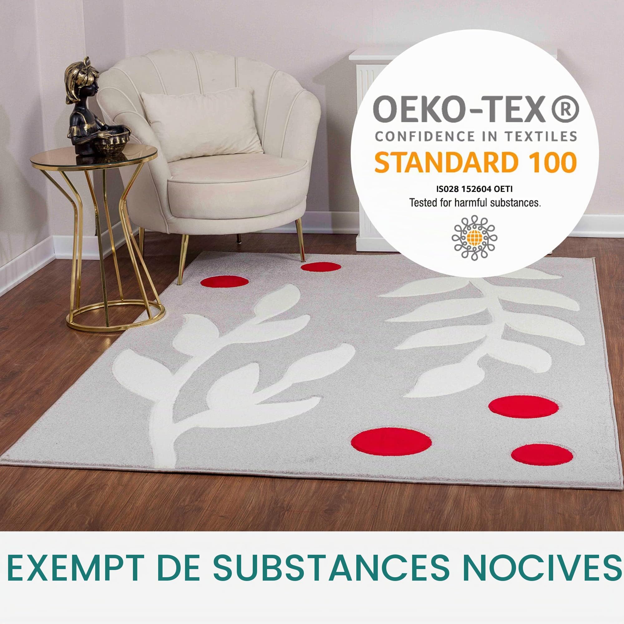 Livabliss Dijon Tapis Abstrait pour Salon, Salle à Manger, Salon, Cuisine, Chambre à Coucher - Tapis Moderne à Poils Moyens - Doux et Luxueux - Facile d'entretien - Gris Rouge et Blanc - 120 x 170 cm