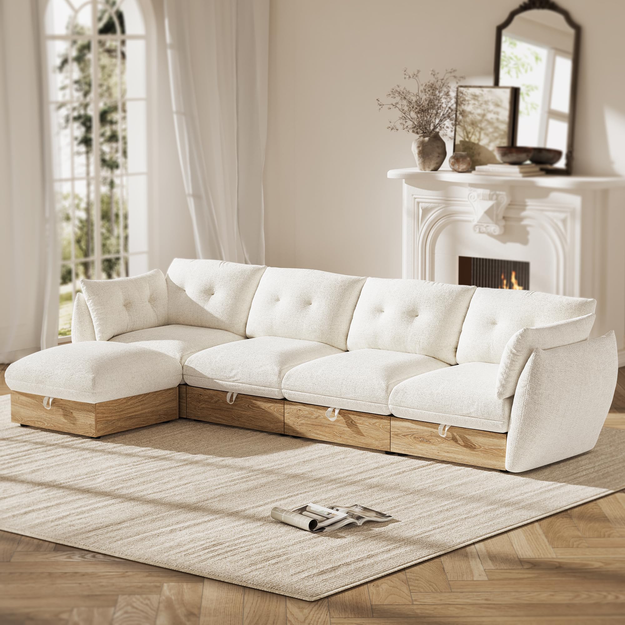 AMBERHAUS 126" L Shaped Cloud Couch Sectional Modular Sofa with Storage, Cotton and Linen Fabrics Modern Oversized Deep Seat Sofa with Armrest Pillow,