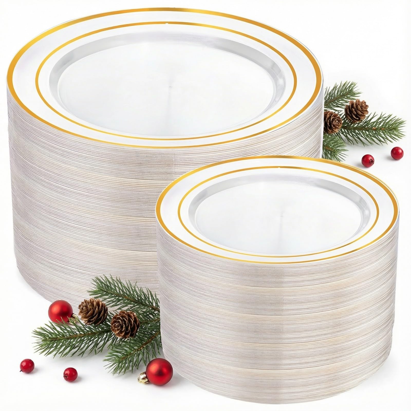 I00000 200 Pcs Clear Gold Plastic Plates - Disposable Party Plates, Gold Plate Disposable Include 100 Dinner Plate and 100 Dessert Plate, Plastic Plate for Party, Holiday, Wedding & Birthday