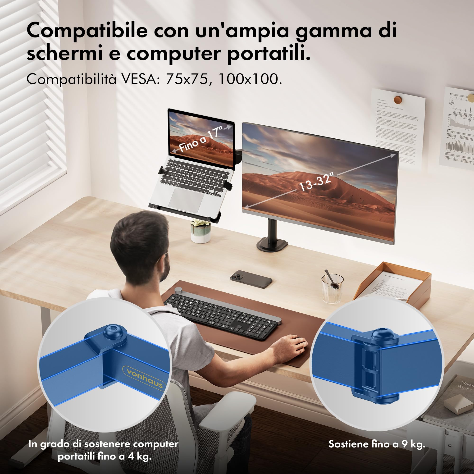 VonHaus Supporto per Monitor e Mensola per Portatile/Tablet - Morsetto per Supporto Doppio - Inclinazione e Rotazione - Gestione dei Cavi