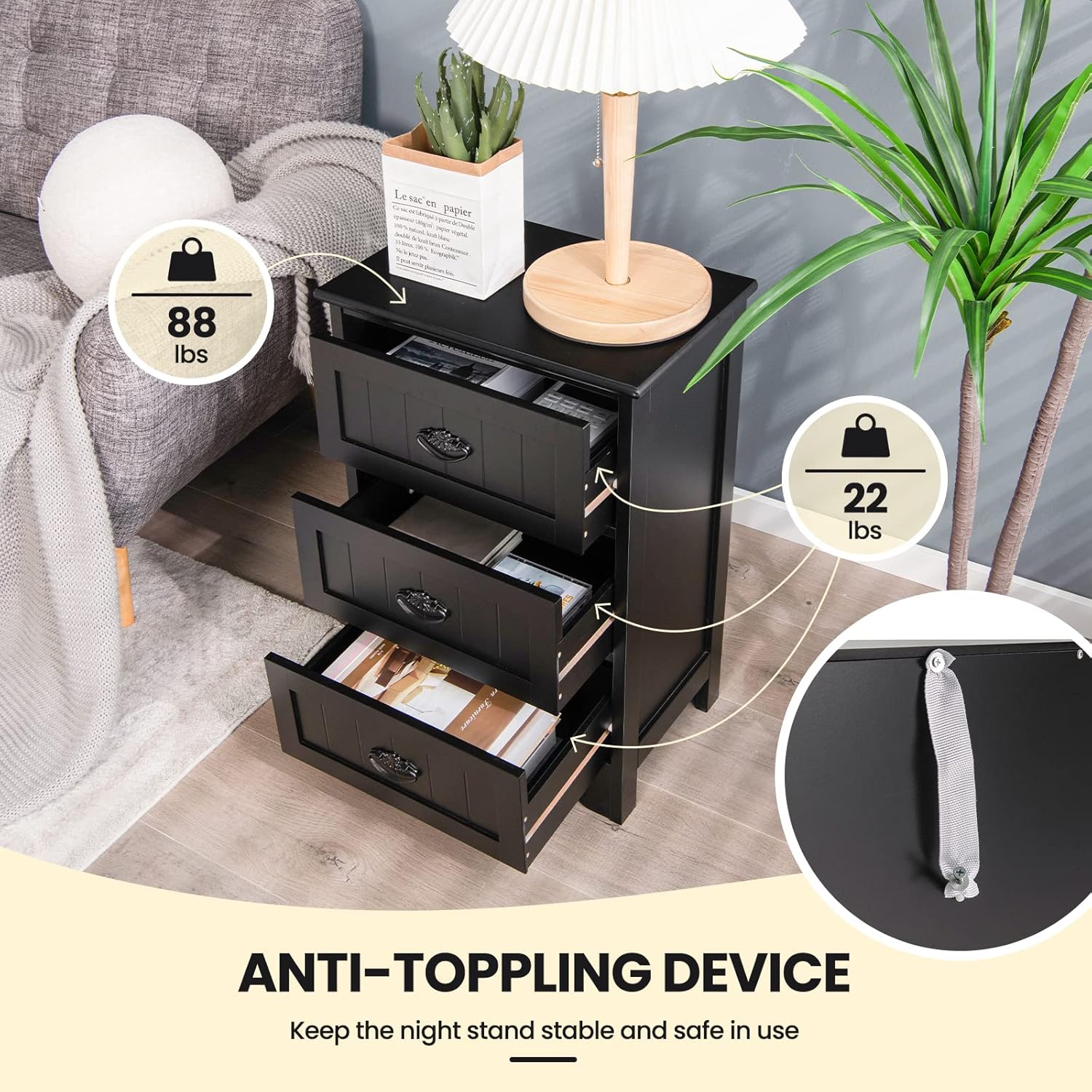 Giantex Nightstand with 3 Drawers, Bedside Table with Exquisite Metal Handles, Accent Table Sofa Side Table with Anti-toppling Device for Bedroom, Study, Black