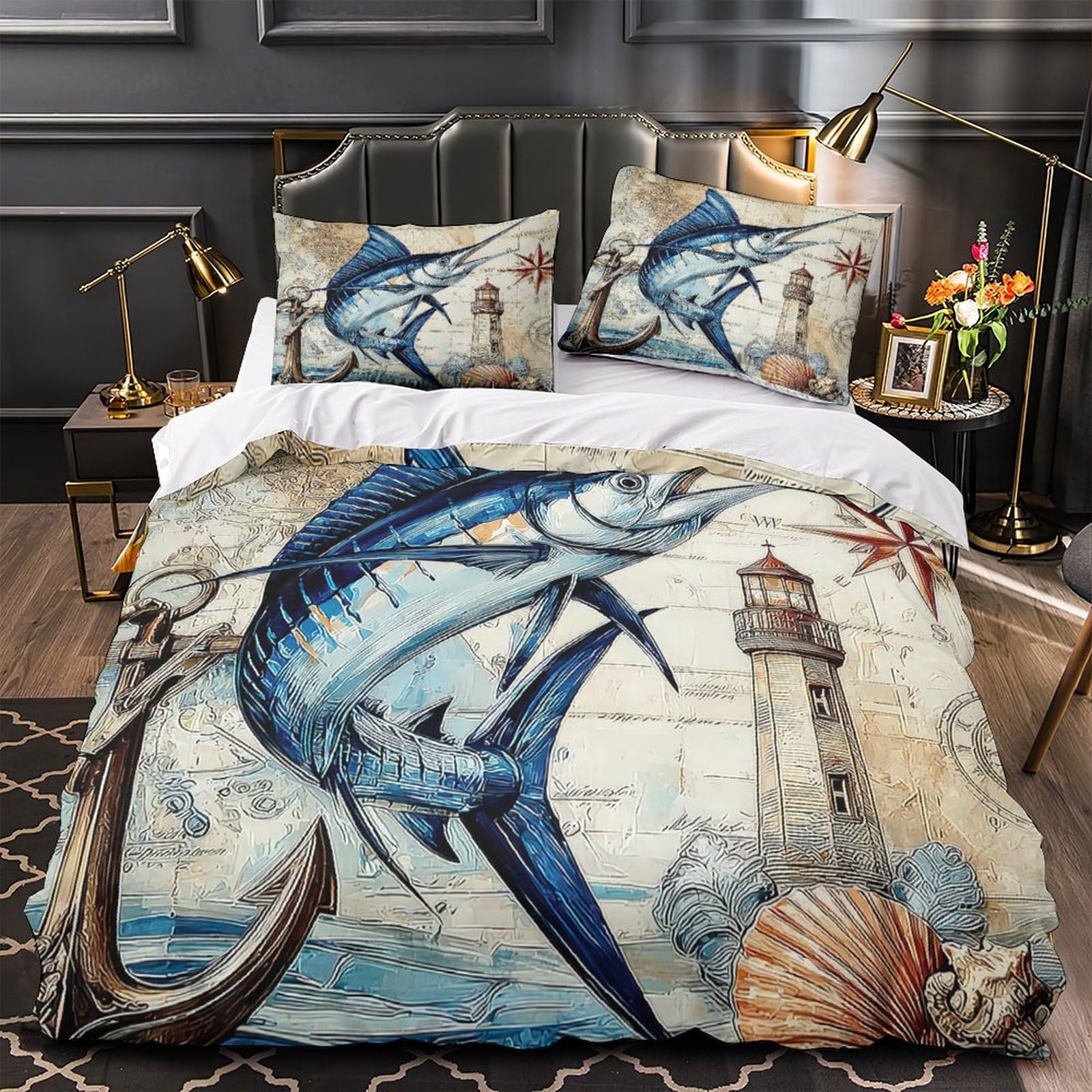 Yvaspqrtw Xzgqlgg457lz Marlin Fish 3D Printing Quilt Cover 3Pcs Microfibre Anti-Fade Breathable Light Nautical Comforter Cover 2 Pillowcases Zip Closure Bed Set Teenagers & Adults Double（200X200cm）