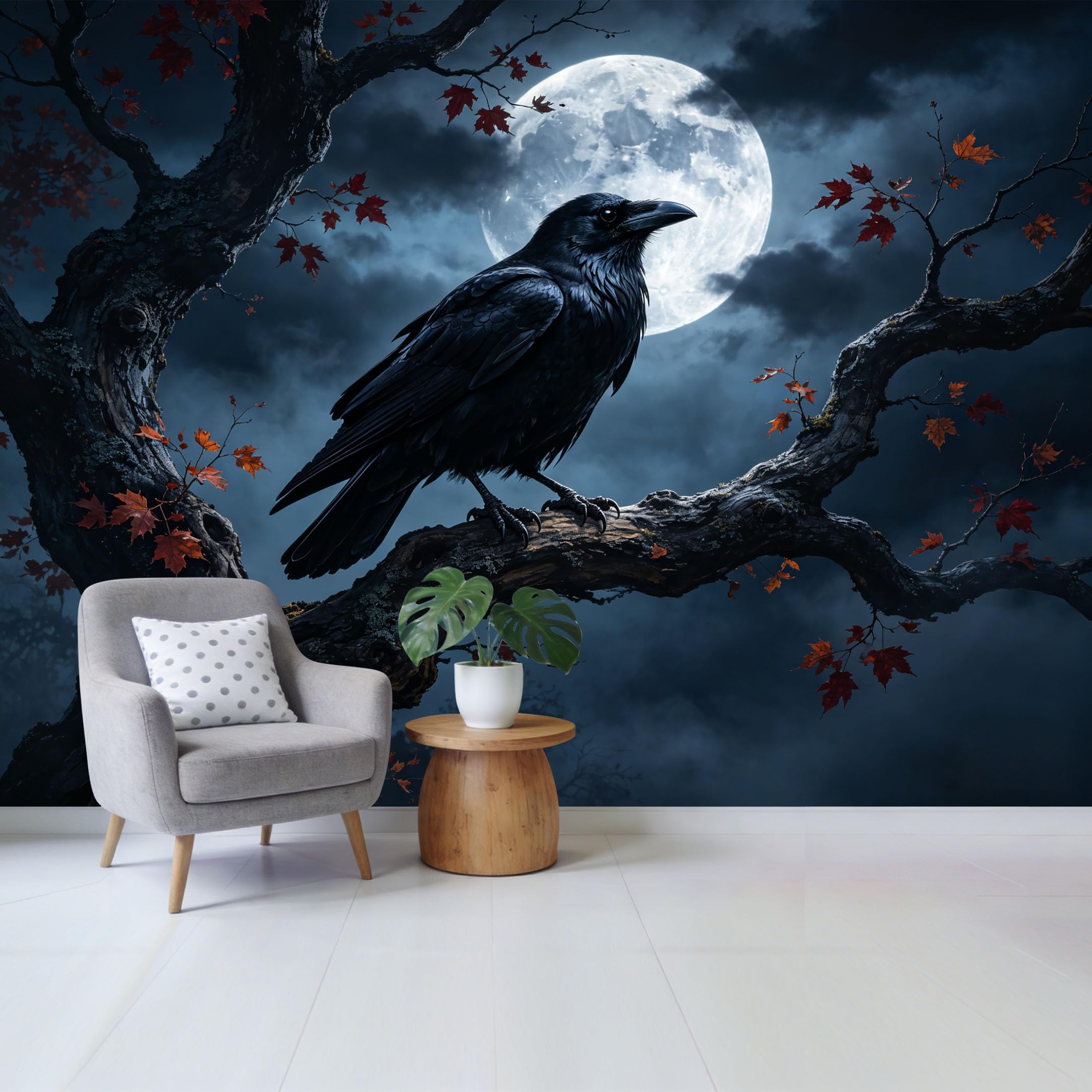Qzlithotic Yq2605251012 Custom Size Wall Mural Black Raven Perched On Maple Tree Branch Full Moon Night Landscape 3D Trompe L'oeil Selfadhesive Wall Fabric Removable Wallpaper For Home Office Decor