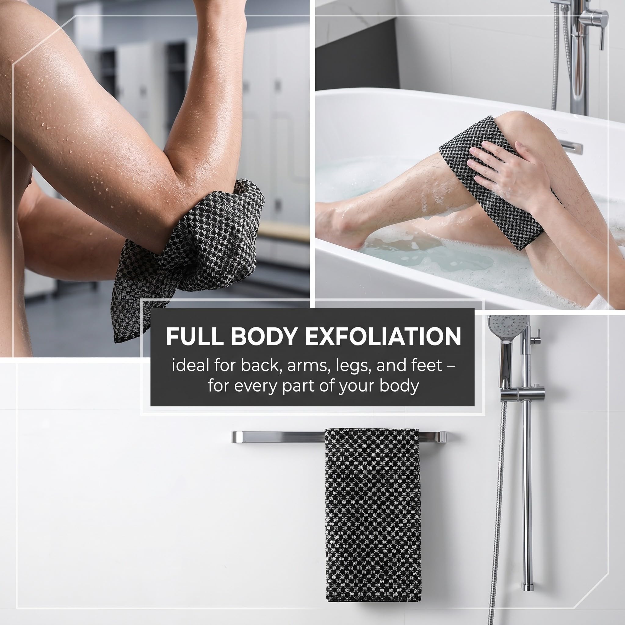 1 Pièces Serviette exfoliante douche, Brosse pour le dos douche, Serviette exfoliante japonaise, Ser-viette exfoliante, Lavage Dos (Noir)