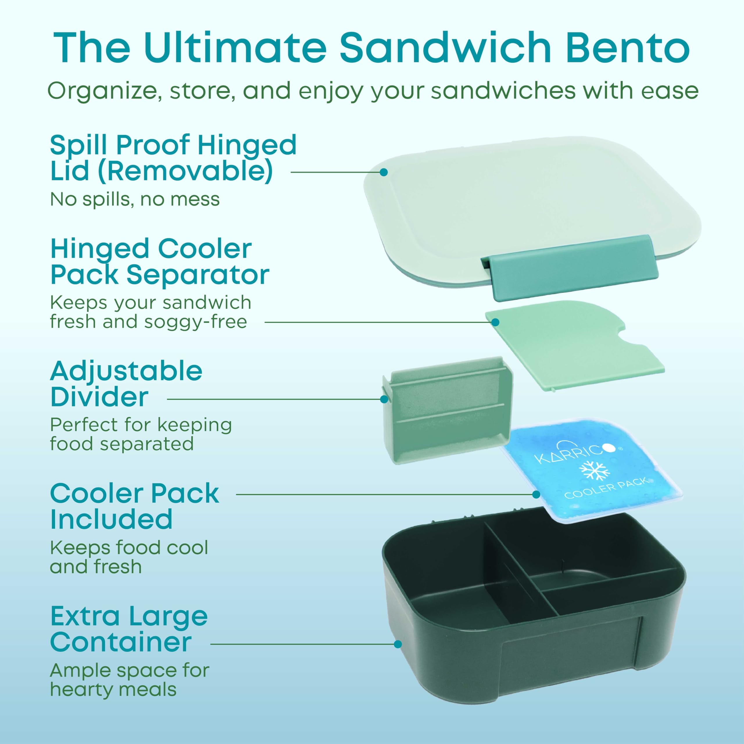 KARRICO Leakproof Lunch Box – 3-Compartment Bento Box, Cooler Pack & Adjustable Divider, Extra Large & BPA-Free – Dishwasher Safe, Ideal for On-the-Go Meals, Green