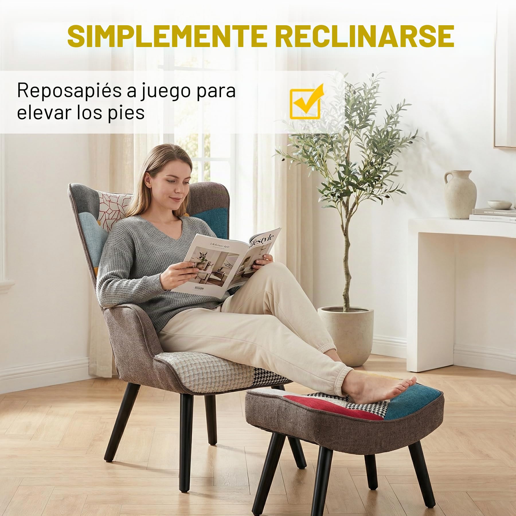 Sillón Orejero Patchwork con Reposapiés y Cojín Lumbar, Marrón | Patas de Madera Maciza, Tela de Lino y Diseño Ergonómico, Butaca de Lectura para Salón y Dormitorio, Soporta hasta 150 kg