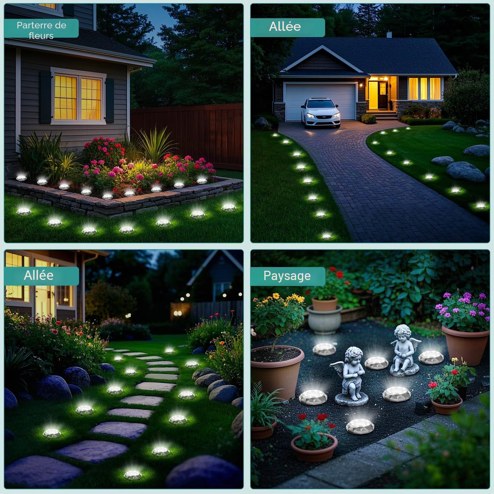 FIFlying Lot de 10 Lampe Solaire Au Sol Jardin, 8 LED Lumiere Solaire Exterieur Étanche IP65, Spot Solaire Extérieur Encastrables pour Chemins Pelouse Cour Jardin Chemin Piscine Allée, Blanc Froid