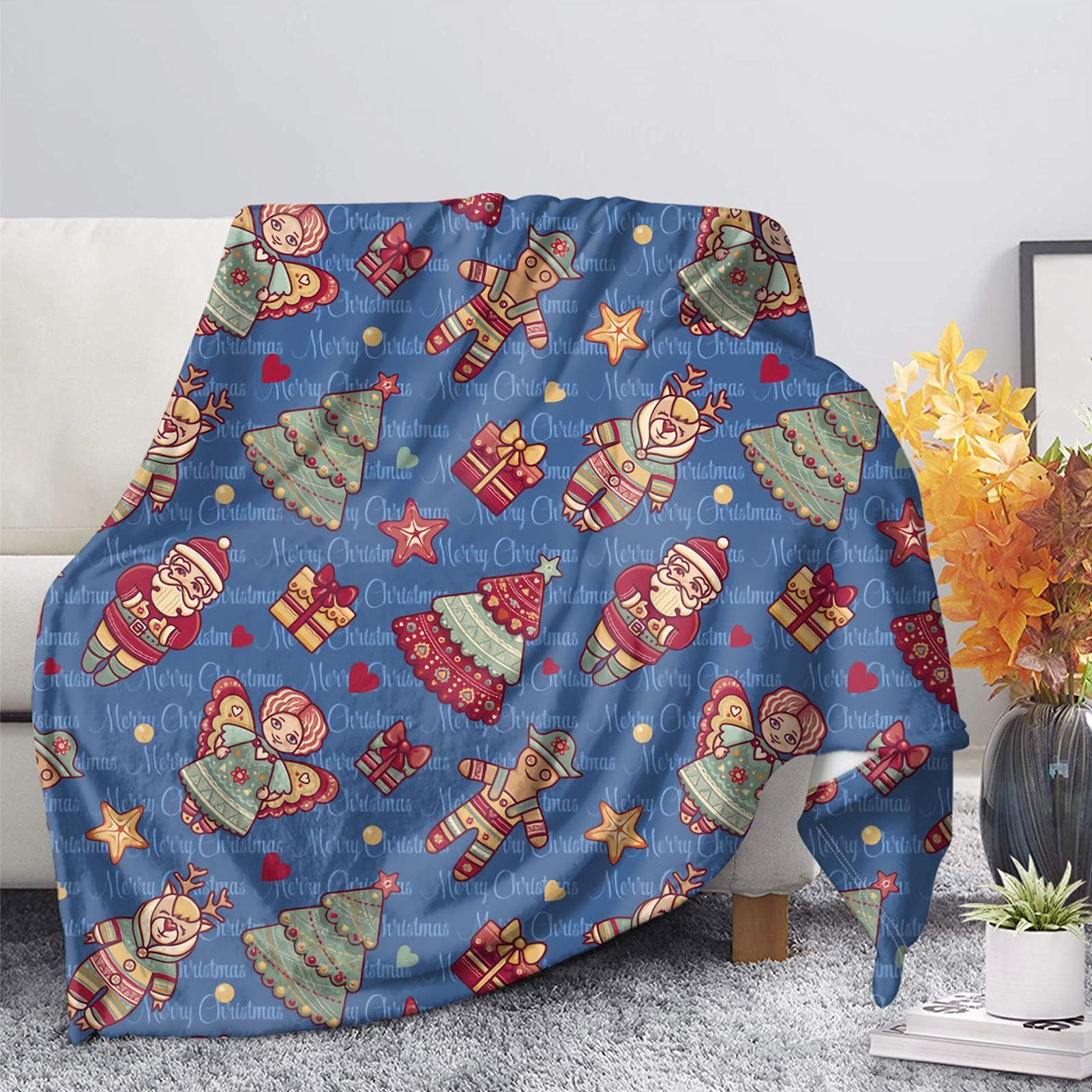 HUGS IDEA Fluffy Xmas Gift Blankets with Cartoon Santa Angel Elk Deer Gingerbread Man Stars Heart Dot, Soft Fuzzy Plush Throw Blanket Yoga Mat, Blue-XS — image 1