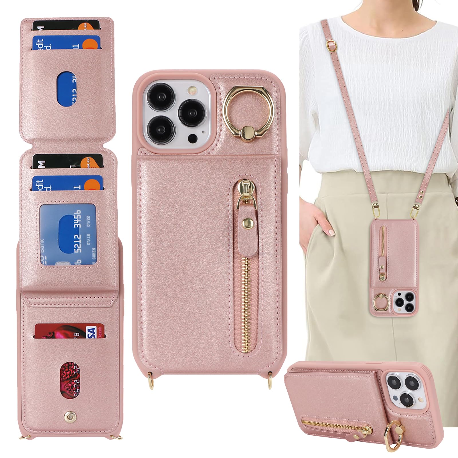 DEYHU iPhone 13 Pro Max Cellular Phone Case, Faux Leather Wallet with Card Holder for Women, 7 Slots, Kickstand, Shock-Absorbent - Rose Gold