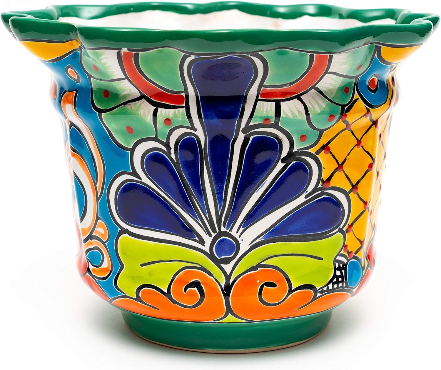 Enchanted Talavera Mexican Pottery Heavy Weight Ceramic Scalloped Flower Pot Plant Pot Succulent Planter Garden Decor Deep Green (Large (11x8.5))