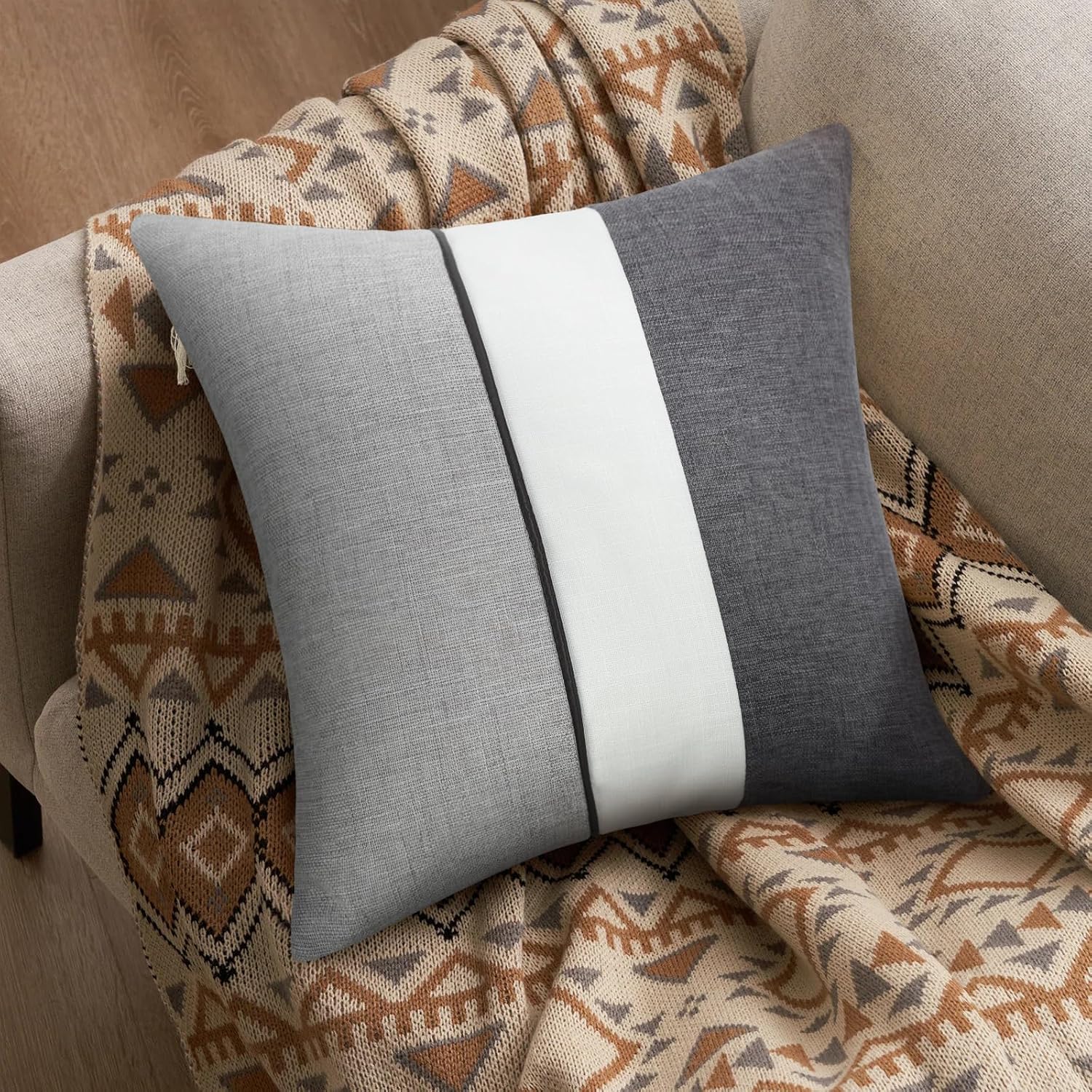 Decorative Throw Pillow Covers 22x22 - Black & White Linen and Black Faux Leather Patchwork Cushions Cover for Modern Home Decor - Stylish Couch Sofa Bedroom Living Room Accent Netural Covers