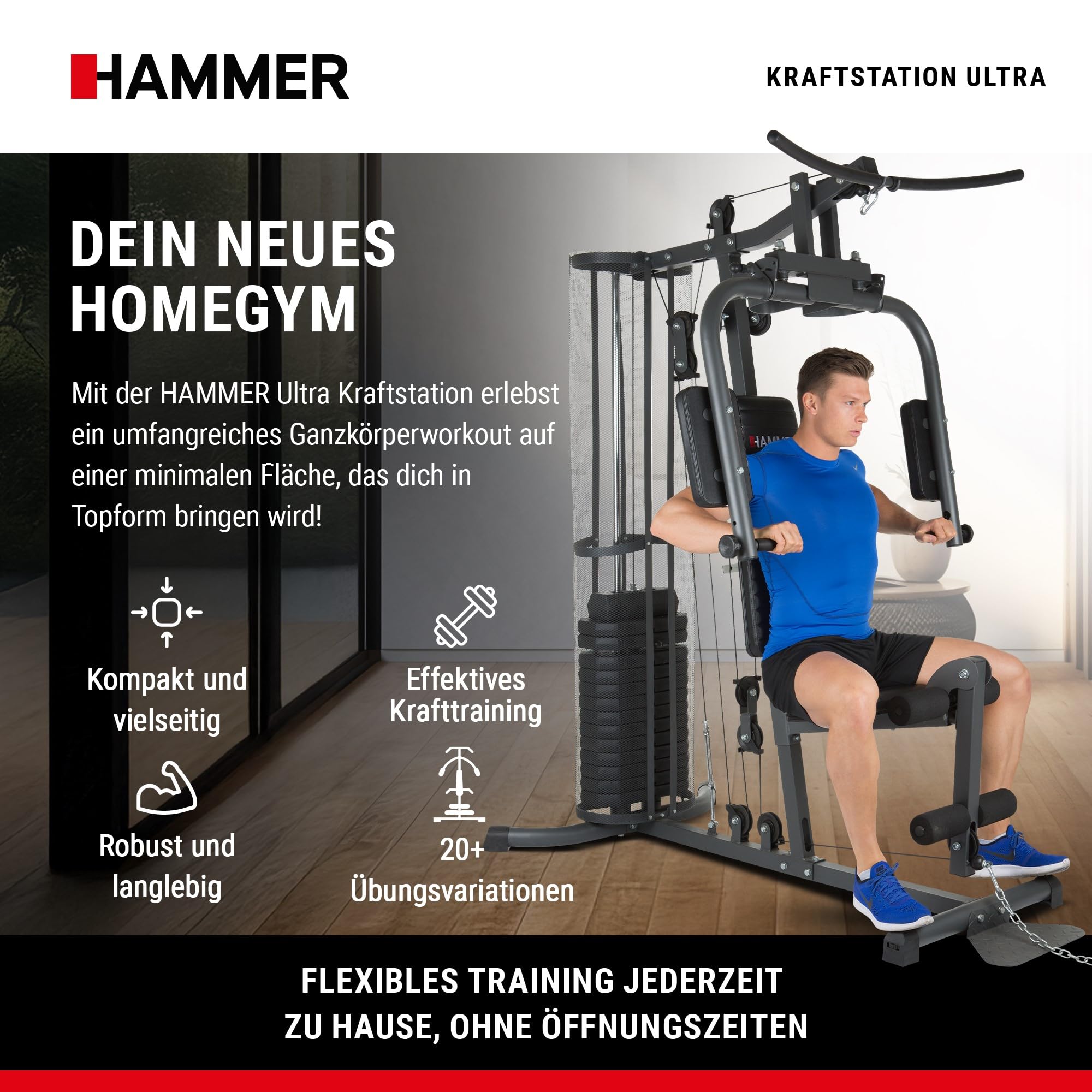 HAMMER Ultra Kraftstation, schwarz, 167 x 105 x 200 cm - Fitnessgeräte für Zuhause, Krafttraining, Fitnessstation, Home Gym