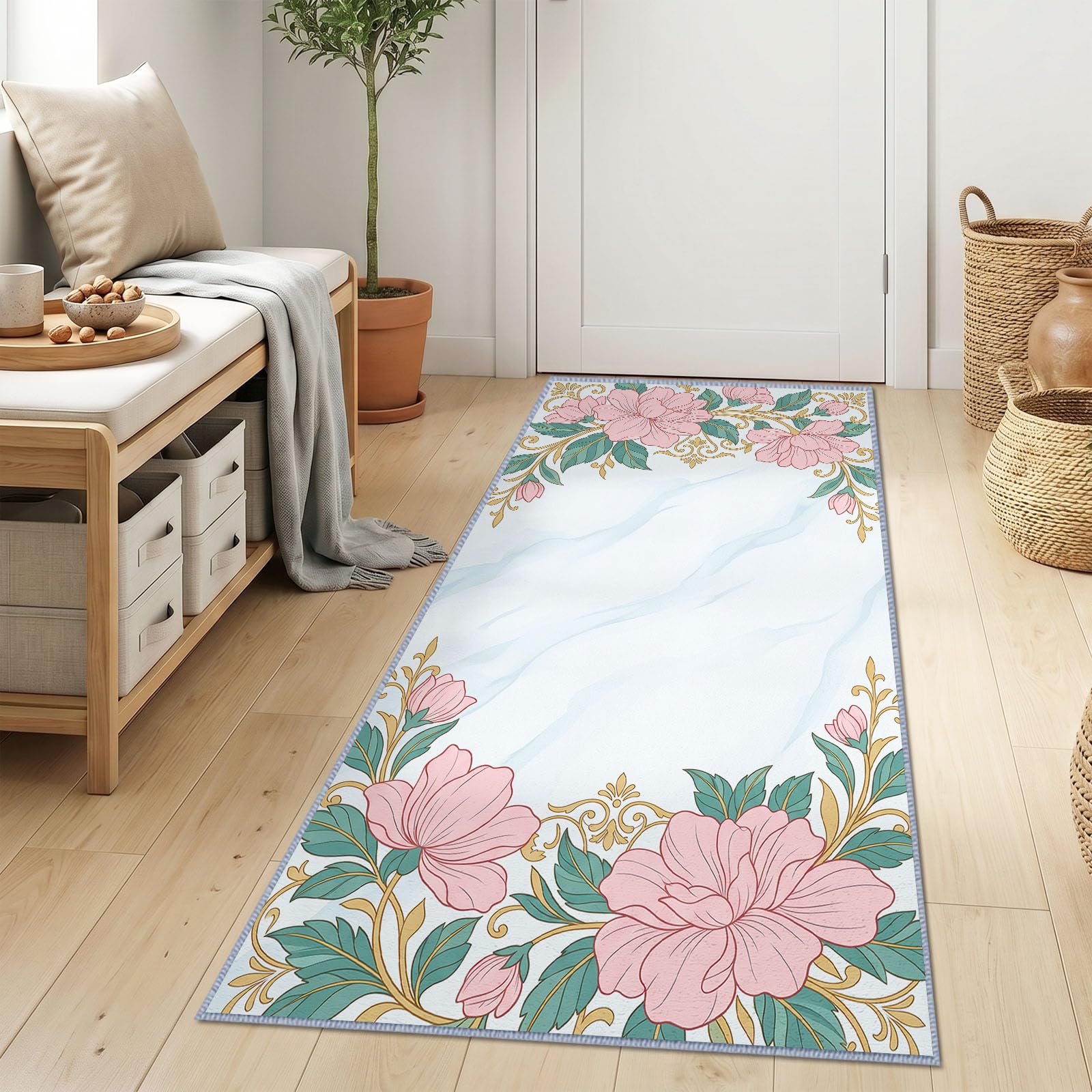 Alfombra antideslizante lavable con diseño de plantas clásicas francesas