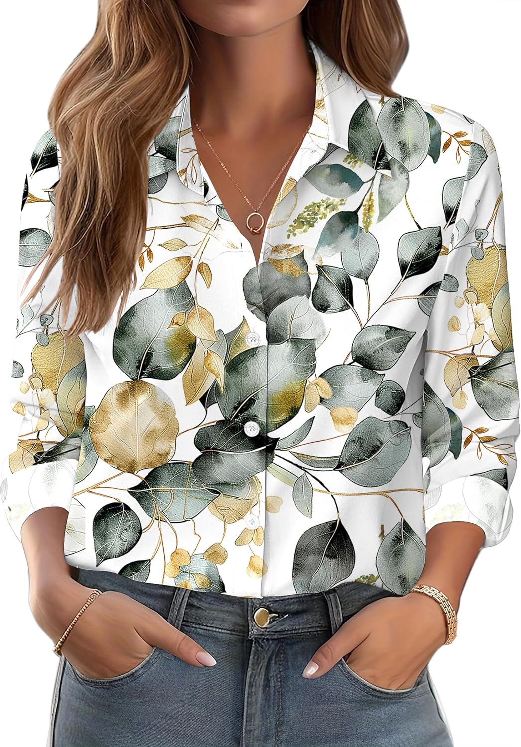 Zeagoo Button Down Shirts for Women Dressy Floral Printed Long Sleeve Blouse Business Casual Work Tops