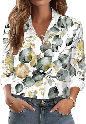 Miniatura 35 de Zeagoo Camisas con botones para mujer elegantes con estampado floral de manga larga blusa casual de negocios tops de trabajo
