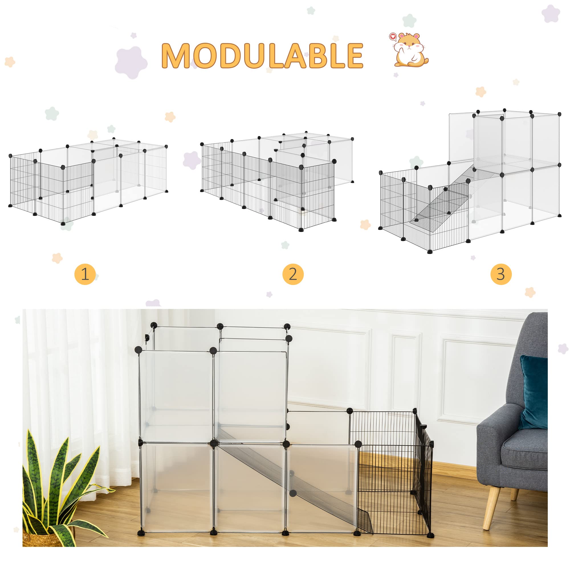 PawHut Jaula para Animales Pequeños Parque para Mascotas con 27 Paneles y Forma Personalizable para Cobayas Conejos Chinchillas 140x70x90 cm Transparente