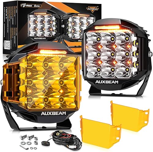 Auxbeam - V-MAX Series - Luz LED para conducción todoterreno, redonda, 228 W, tipo cápsula, con DRL ámbar, luz de zanja auxiliar 270 para camioneta,